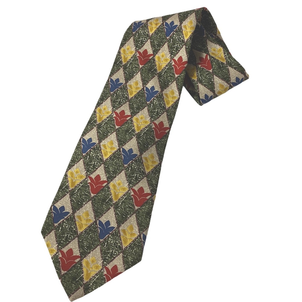 HUGO BOSS Green Cream Diamond Floral Pattern Made in Italy Silk Tie